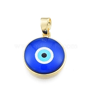 Glass Pendants, with Golden Plated Brass Findings, Flat Round with Evil Eye, Blue, 19x16.5x5mm, Hole: 5x3.5mm(KK-I691-04C)