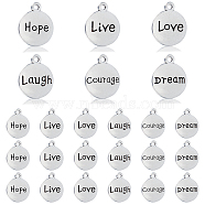 PandaHall Elite 180Pcs 6 Style Tibetan Style Alloy Pendants, Flat Round with Mixed Word, Antique Silver, 17x14x2mm, Hole: 1.6mm, 30pcs/style(FIND-PH0005-55)