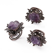 Irregular Natural Amethyst Cuff Rings, Rack Plating Brass Wide Ring for Women, Cadmium Free & Lead Free, Red Copper, 8~12mm, Inner Diameter: 19mm(RJEW-D077-09AB)