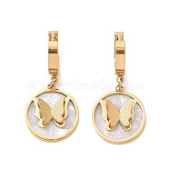 Synthetic White Shell Butterfly Dangle Hoop Earrings, Ion Plating(IP) 304 Stainless Steel Jewelry for Women, Golden, 34mm, Pin: 1mm(EJEW-A082-08G)