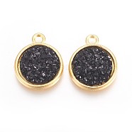 Resin Pendants, with Golden Tone Alloy Findings, Flat Round, Black, 18x15x3.5~4mm, Hole: 1.8mm(RESI-F015-A15)
