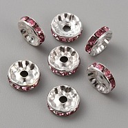 50Pcs Alloy Rhinestone Spacer Beads, Flat Round/Disc, Silver, Light Rose, 10x3.5mm, Hole: 2mm(ALRI-SZC0003-05S-08)