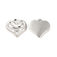 304 Stainless Steel Pendants, Heart with Snake Charms, Stainless Steel Color, 20x22x3mm, Hole: 1.5mm(STAS-L268-032P)