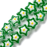 Handmade Lampwork Beads Strands, with Enamel, Star, Green, 12.5~13x12~12.5x6.5~7mm, Hole: 1.2mm, about 33pcs/strand, 14.61''(37.1cm)(LAMP-K037-07A)