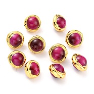 Natural Tiger Eye Beads, with Golden Brass Edge, Dyed, Round, Deep Pink, 15.5~17x15.5~16x12.5mm, Hole: 0.8mm(G-B011-06G-C)