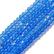 Imitation Austrian Crystal 5301 Bicone Beads, Faceted Glass Beads Strands, Blue, 3x3~3.5mm, Hole: 0.5mm, about 125~130pcs/strand, 15.5 inch(X-GLAA-S026-3mm-02)