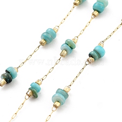 Handmade Chips Natural Shell Beaded Chains, with Natural Ion Plating(IP) 304 Stainless Steel Paperclip Chains, Unwelded, with Spool, Real 18K Gold Plated, Turquoise, 2.2x1x0.5mm(CHS-P019-02G-B)