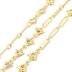 Rack Plating Brass Triangle & Paperclip Chains, with Clear Cubic Zirconia, Long-Lasting Plated, Soldered, with Spool, Cadmium Free & Lead Free, Golden, 9x6.5x1.5mm, 10x2x0.5mm(CHC-C025-09G)