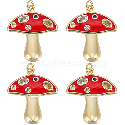 Beebeecraft 6Pcs Autumn Theme Real 18K Gold Plated Brass Micro Pave Cubic Zirconia Pendants, with Enamel and Jump Rings, Long-Lasting Plated, Mushroom, Red, 28x25x3.5mm, Jump Ring: 5x1mm, 3mm Inner Diameter(ZIRC-BBC0002-34)