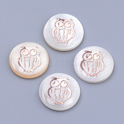 Freshwater Shell Cabochons, with Iron Findings, Flat Round with Owl, Rose Gold, Seashell Color, 16x3.5mm(BSHE-S622-06)