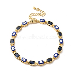 Enamel Evil Eye & Cubic Zirconia Rectangle Link Chain Bracelet, Golden Brass Jewelry for Women, Blue, 7-1/4 inch(18.5cm)(BJEW-C029-02G-11)