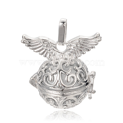 Silver Color Plated Brass Hollow Round Cage Pendants, with No Hole Spray Painted Brass Round Beads, Round with Wing, Silver, 31x30x21mm, Hole: 3x8mm(KK-J234-06S)