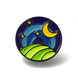 Mountain Scenery Series Enamel Pins, Round Black Alloy Brooch, Moon, 25.5mm(JEWB-Z030-04B)