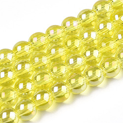 Electroplate Transparent Glass Beads Strands, AB Color Plated, Round, Yellow, 9.5~10mm, Hole: 1.5mm, about 40~42pcs/strand, 14.76~15.12 inch(37.5~38.4cm)(GLAA-T032-T10mm-AB12)