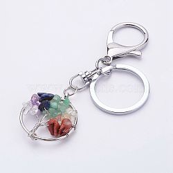 Natural & Synthetic Gemstone Keychain, with Alloy Lobster Clasps, Iron Ring and Brass Findings, Flat Round with Tree, Platinum, 95mm(KEYC-P032-C10)