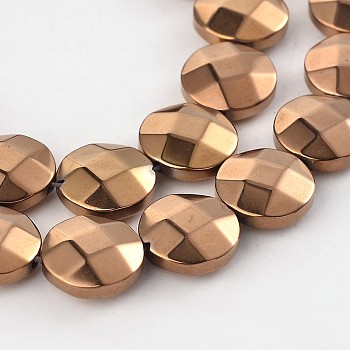 Electroplate Non-magnetic Synthetic Hematite Flat Round Bead Strands, Faceted, Copper Plated, 10x4mm, Hole: 1mm, about 37pcs/strand, 15.35 inch