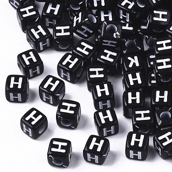 Opaque Acrylic Beads, Horizontal Hole, Alphabet Style, Cube, Black & White, Letter.H, 5x5x5mm, Hole: 2mm, about 5000pcs/500g
