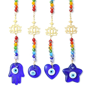 Evil Eye Lampwork Beaded Pendant Decorations, with 201 Stainless Steel Lotus Hanging Ornaments, Star/Heart/Flat Round/Hamsa Hand, 275~295mm