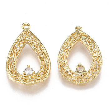 Brass Filigree Pendants, with Cubic Zirconia, teardrop, Clear, Nickel Free, Real 18K Gold Plated, 22x15x3.5mm, Hole: 0.8mm