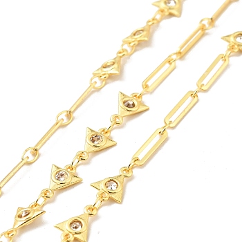 Rack Plating Brass Triangle & Paperclip Chains, with Clear Cubic Zirconia, Long-Lasting Plated, Soldered, with Spool, Cadmium Free & Lead Free, Golden, 9x6.5x1.5mm, 10x2x0.5mm