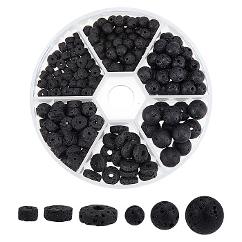 240Pcs 6 Styles Natural Lava Rock Beads, Disc & Round, 4~8.5x2~8.5mm, Hole: 0.8~1mm