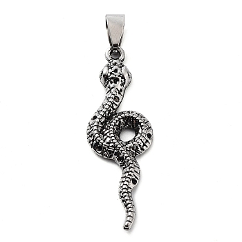 Tibetan Style Alloy Pendants, Snake Charms, Antique Silver, 46.5x15x4mm, Hole: 7.5x4.5mm