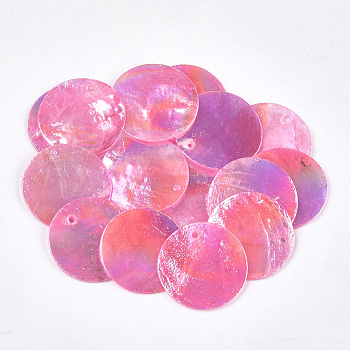 AB Color Plated Capiz Shell Pendants, Dyed, Flat Round, Hot Pink, 24~25x1~2mm, Hole: 1.5mm