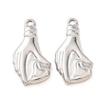 201 Stainless Steel Pendants, Polishing, Hand with Heart Charms, Stainless Steel Color, 22x12x3mm, Hole: 2mm