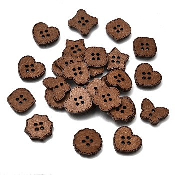 4-Hole Wood Buttons, Mixed Shapes with Stitch Border, Coconut Brown, 15~20x18.5~20x2.5mm, Hole: 2mm