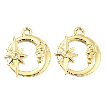 Brass Pendant Rhinestone Settings, Moon with Star Pendants, Real 18K Gold Plated, Fit for 3mm Rhinestone, 34x30x2mm, Hole: 3mm, 
