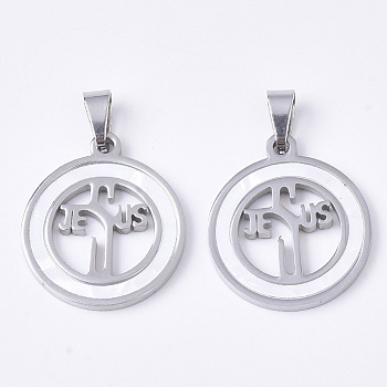 Religion Theme 201 Stainless Steel Pendants, with Shell and Random Size Snap on Bails, Flat Round with Word JESUS, Stainless Steel Color, 23x20x2mm, Hole: 7~10x3~5mm