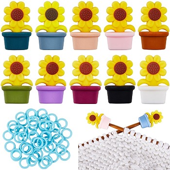 Sunflower Silicone Knitting Needle Point Protectors, Knitting Needle Stoppers with Plastic Stitch Marker Rings, Mixed Color, Rings: 11.5x1mm, Inner Diameter: 7.5mm, 50pcs, Stoppers: 30x19mm, Hole: 1.5mm, 10pcs