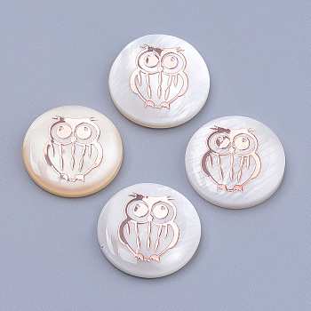 Freshwater Shell Cabochons, with Iron Findings, Flat Round with Owl, Rose Gold, Seashell Color, 16x3.5mm