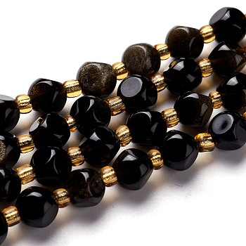 Natural Golden Sheen Obsidian Beads Strands, with Seed Beads, Six Sided Celestial Dice, 6~6.5x6~6.5x6~6.5mm, Hole: 0.5mm, about 25pcs/strand, 7.97''(20.25cm)