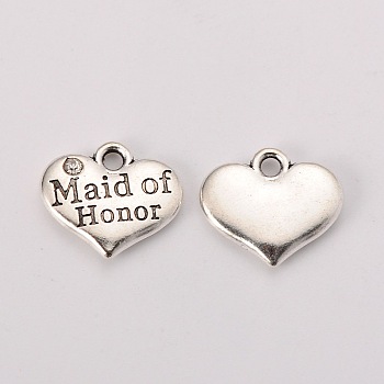 Wedding Theme Antique Silver Tone Tibetan Style Heart with Maid of Honor Rhinestone Charms, Cadmium Free & Lead Free, Crystal, 14x16x3mm, Hole: 2mm