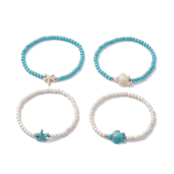 4Pcs 4 Style Dyed Synthetic Turquoise Starfish & Turtle Beaded Stretch Bracelets Set for Women, Mixed Color, Inner Diameter: 2-1/4 inch(5.7cm), 1Pc/style