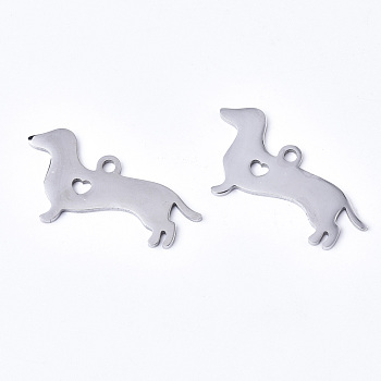304 Stainless Steel Pendants, Silhouette Charms, Laser Cut, Sausage Dog/Dachshund, Stainless Steel Color, 16x30x1.5mm, Hole: 2mm