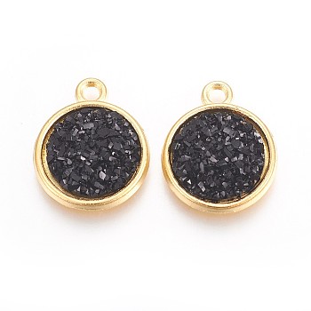 Resin Pendants, with Golden Tone Alloy Findings, Flat Round, Black, 18x15x3.5~4mm, Hole: 1.8mm