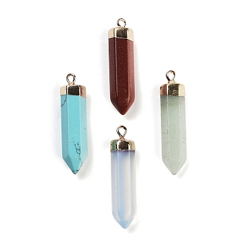 Natural & Synthetic Mixed Gemstone Pointed Pendants, Faceted Bullet Charms with Brass Findings, Golden, 36.5x9x8.5mm, Hole: 1.8mm