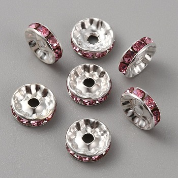 50Pcs Alloy Rhinestone Spacer Beads, Flat Round/Disc, Silver, Light Rose, 10x3.5mm, Hole: 2mm