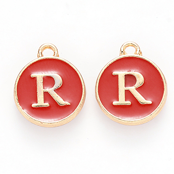 Golden Plated Alloy Enamel Charms, Cadmium Free & Lead Free, Enamelled Sequins, Flat Round, Red, Letter.R, 14x12x2mm, Hole: 1.5mm
