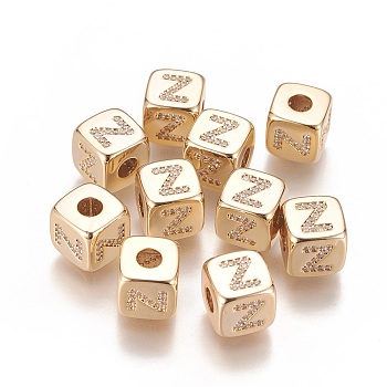 Brass Micro Pave Cubic Zirconia Beads, Horizontal Hole, Real 18K Gold Plated, Long-Lasting Plated, Cube with Letter, Clear, Letter.Z, 9x9x9mm, Hole: 3.5mm