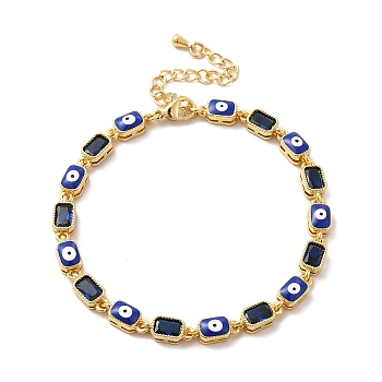 Enamel Evil Eye & Cubic Zirconia Rectangle Link Chain Bracelet, Golden Brass Jewelry for Women, Blue, 7-1/4 inch(18.5cm)