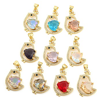 Rack Plating Brass Micro Pave Clear Cubic Zirconia Pendants, with Glass, Long-Lasting Plated, Cadmium Free & Lead Free, Bird Charms, Mixed Color, 24.5x17.5x6mm, Hole: 4x3.5mm