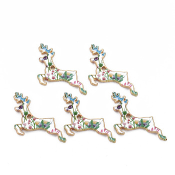 Alloy Enamel Pendants, with Printed, Light Gold, Cadmium Free & Nickel Free & Lead Free, for Christmas, Deer, Sea Green, 19x28x1.5mm, Hole: 1.2mm
