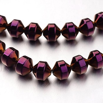 Electroplate Non-magnetic Synthetic Hematite Bead Strands, Bicone, Purple Plated, 6x6mm, Hole: 1mm, about 61pcs/strand, 15.7 inch