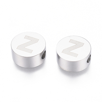 304 Stainless Steel Beads, Flat Round with Letter, Letter.Z, 10x4.5mm, Hole: 2mm
