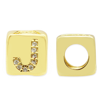 Brass Micro Pave Clear Cubic Zirconia European Beads, Cube with Letter, Letter.J, 8.5x8.5x8.5mm, Hole: 5mm, 3pcs/bag