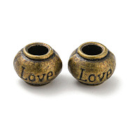 Alloy European Beads, Large Hole Beads, Rondelle with Word Love, Antique Bronze, 11.5x8.5mm, Hole: 4.6mm(FIND-G064-29AB)