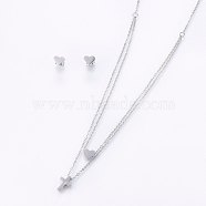 304 Stainless Steel Jewelry Sets, Stud Earrings and Pendant Tiered Necklaces, with Rhinestone, Cross and Heart, Stainless Steel Color, Necklace: 18.1 inch(46cm), 1.5mm, Stud Earrings: 7x8x1.2mm, Pin: 0.8mm(SJEW-O090-34P)